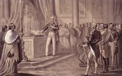 Ferdinando I di Borbone o Ferdinando IV (1751 - 1825), Re di Napoli, inaugura la costituzione del 1820 - in "Storia d