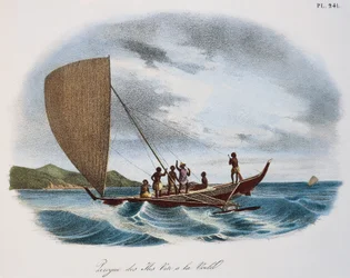 Canoa a vela figiana, incisione a colori