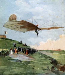 Primo test di volo planato di Otto Lilienthal (1848-1896), ingegnere tedesco, sul suo velivolo nel 1894