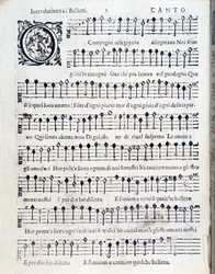 Prima pagina di Balletti per cinque voci di Giovanni Giacomo Gastoldi