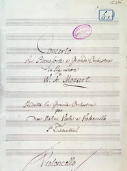 Prima pagina della partitura per Concerto per pianoforte e grande orchestra in re minore di Mozart, versione Lichtenthal (XIX secolo)
