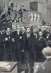 Prima seduta della Camera dei Deputati eletta nel 1898: Paul Deschanel (1855-1922), Presidente della Camera dei Deputati. Paul Adolphe Granier de Cassagnac (1842-1904), Lucien Millevoye (1850-1918), Paul Deroulede (1846-1914), Jacques Piou (1838-1932), Eug