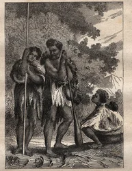 Primo viaggio (1768-1771) del capitano James Cook (1728-1779): una famiglia neozelandese - illustrazione tratta da 