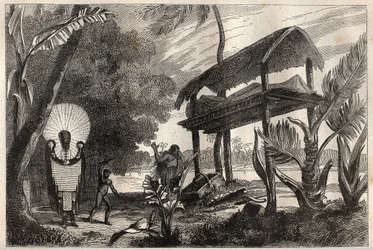 Primo viaggio (1768-1771) del Capitano James Cook (1728-1779): un fia-toka (fia toka), edificio funerario di Tahiti - illustrazione tratta da "I grandi marinai del XVIII secolo"