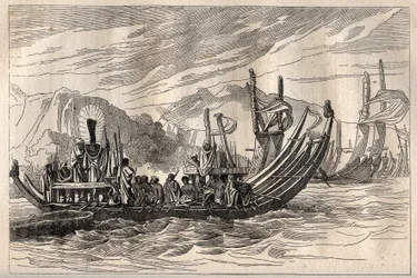 Primo viaggio (1768-1771) del Capitano James Cook (1728-1779): la flotta di Tahiti riunita a Oparee - illustrazione tratta da "I grandi marinai del XVIII secolo"