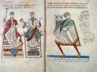 Flavio Giuseppe offre il suo libro agli imperatori Tito e Vespasiano. Miniatura tratta da De Bello Judaico (Guerra dei Giudei)