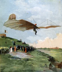 Volo di Otto Lilienthal (1848 - 1896), pioniere del volo a vela. 1894.