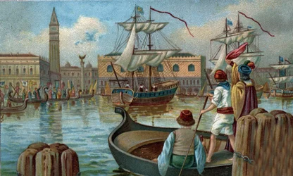 Antichi centri commerciali: ritorno di una flotta veneziana a Venezia nel XIX secolo. Cromolitografia della fine del XIX secolo