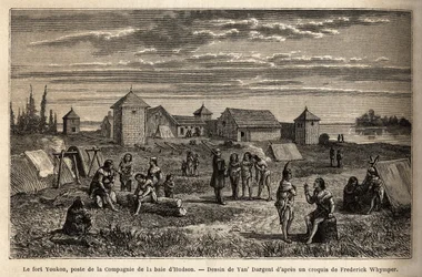 Fort Youkon, nel Golfo di Norton, Alaska, fondato nel 1847, un insediamento della Hudson Bay Company, indiani accampati intorno alle palizzate. Incisione per illustrare il viaggio e le avventure nella Colombia inglese, Isola di Vancouver e Alaska, di Frede