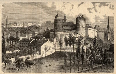 Fougères vista generale - Bretagna - incisione in "PATRIE - DESCRIZIONE PITTORESCA DELLA FRANCIA IN 6 VOLUMI BY LUCIEN HUARD - fine XIX secolo