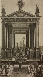 Fontana con cherubino e tempio, incisione, frontespizio da Grand Art d