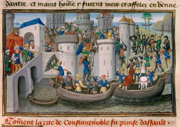 Quarta crociata: Veduta della conquista di Costantinopoli da parte dei crociati nel 1203-1204. Miniatura dalla “Chronique abrégée” di David Aubert