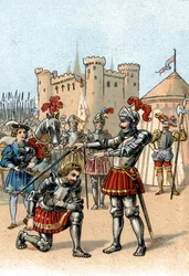 Francesco I di Francia chiede di essere nominato cavaliere dal Cavaliere Bayard dopo la vittoria alla Battaglia di Marignano, Italia