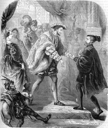 Francesco I, Re di Francia (1494-1547) e Carlo V (1500-1558) si incontrarono al Castello di Chatellerault nel gennaio 1540. In "Histoire populaire de la France", sd. circa 1885. Incisione.