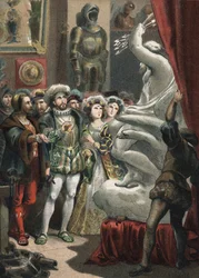 Francesco I (1494-1547), Re di Francia, con lo scultore italiano Benvenuto Cellini (1500-1571) incisione del 1881 in 