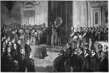 Federico Guglielmo IV (1795-1861), Re di Prussia, giura sulla costituzione, 6 febbraio 1850, incisione su legno di Paul Buerde