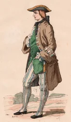 Gentiluomo francese in costume da caccia, con cappotto, gilet e cappello a tricorno con un pugnale al fianco durante il XVIII secolo