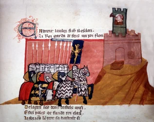 Cavalieri francesi davanti a un castello. Manoscritto del XIII secolo