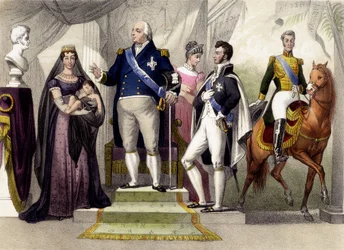 Dal 1814 al 1830. Il Duca e la Duchessa di Berry, Luigi XVIII, il Duca di Bordeaux, la Duchessa di Angoulême e Carlo X. Incisione del XIX secolo