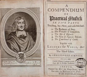 Frontespizio di Compendium di musica pratica in cinque parti con lezioni di viola da gamba di Cristopher Simpson