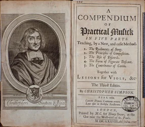 Frontespizio di Compendium of practical music con ritratto di Christopher Simpson