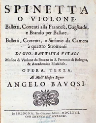 Frontespizio della partitura musicale di Balletti, correnti alla francese opus 3 di Giovanni Battista Vitali