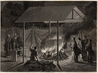 Cerimonie funebri: incinerazione rituale. Incisione per illustrare il viaggio in Giappone nel 1863-1864, di Aime Humbert, ministro della Confederazione Svizzera, in 