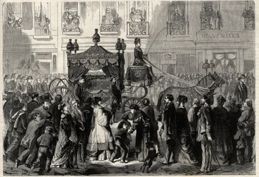 Corteo funebre durante le esequie di Gioachino Rossini (1799-1868) a Parigi. Incisione in "L