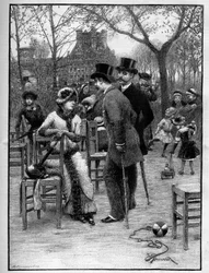 Conversazione galante tra due uomini e una giovane donna, tutti molto eleganti, al Giardino delle Tuileries a Parigi durante l