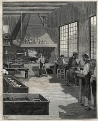 Oreficeria galvanica: preparazione degli stampi. Incisione del 1885 in "Les arts et metiers illustres" di Adolphe Bitard