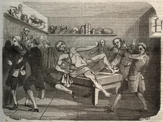 Galvanizzazione del cadavere di un boia con la pila di Alessandro Volta: sotto l