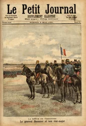 Generale Felix Gustave (Felix-Gustave) Saussier (1828-1905) e il suo staff che rivedono le truppe a Vincennes. Incisione in "Le petit journal illustrato" 09/05/1891. Collezione Selva