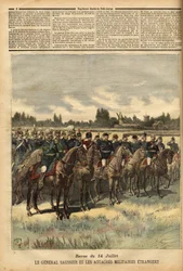 Il generale Félix Gustave (Félix-Gustave) Saussier (1828-1905), governatore militare di Parigi dal 1884, circondato da addetti militari stranieri, passa in rivista le truppe durante la parata del 14 luglio 1891 nella piana del Bois de Boulogne. Incisione