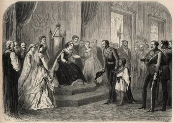 Il generale Robert Cornelis Napier (1810-1890) presentò Leul Alemayehou Tewodros (1861-1879), figlio del negus etiope Teodoro II, alla regina Vittoria I (1819-1901). Incisione in "L