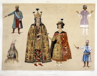 Tavola dei costumi georgiani nei secoli XVI e XVII: Re Irakli (1744 - 1798), Gheorghi X (1687), Principessa Chartchevadze (Ambasciatore della Georgia a San Pietroburgo sotto Caterina II 1780), Regina Maria (figlia di Dadian di Mingrelia con suo figlio Otth