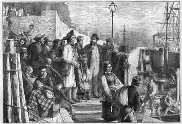 Emigranti tedeschi per New York che si imbarcano su un piroscafo di Amburgo nel 1874, incisione