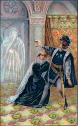 Gertrude, Amleto e il fantasma del padre di Amleto. In "Amleto" di William Shakespeare. Cromolitografia della fine del XIX secolo