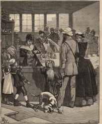 Arte del vetro: turisti che acquistano una perla soffiata in una fabbrica di vetro a Venezia, Italia. Incisione del 1885 in "Les arts et metiers illustres" di Adolphe Bitard