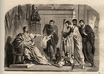 Gordiano I (158-238) rifiuta la dignità imperiale - Gordiano I (Marcus Antonius Gordianus Sempronianus Romanus Africanus) rifiuta la dignità imperiale - incisione in "Dictionnaire populaire illustré" - 1864 - di Joseph Decembre e Edmond Allonier