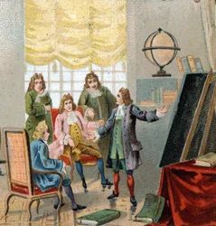 Gottfried Wilhelm Leibniz (1646-1716), filosofo e matematico tedesco; dimostrando le sue teorie sul calcolo differenziale. Cromolitografia, fine XIX secolo