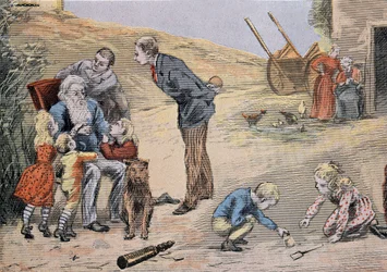 Nonno che spiega il catechismo ai bambini. In "Grande album a colori per la spiegazione del catechismo" di Abbé Maucherde