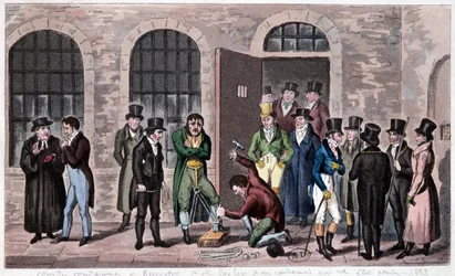 Gran Bretagna Prigione: Una condanna a morte è affissa alla prigione di Newgate a Londra (spesso citata nei romanzi di Charles Dickens). Incisione intorno al 1823. Biblioteca delle Arti Decorative.