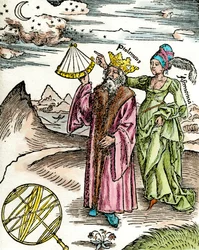 Astronomo greco Claudio Tolomeo con un sestante e astronomia. Incisione del 1503
