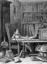Guillaume Gilbert (1540 - 1603) che scrive il suo trattato "De arte magnetica" intorno al 1600. Incisione del XIX secolo