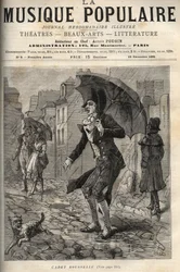 Guillaume Joseph Rousselle (Roussel), detto Cadet Rousselle (1743-1807), ufficiale giudiziario francese, sotto la pioggia in una rue di Parigi. incisione in "La musica popolare" Illustrato settimanale - 1881