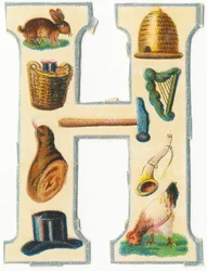 Lepre, alveare, cesto del raccolto, arpa, martello, prosciutto, corno, cappello, gallina