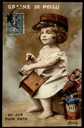 Seme peloso - succo per papà: un bambino che modella il caffè, cartolina postale, sd. inizio XX secolo.