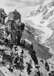 Annibale attraversa le Alpi con gli elefanti per arrivare in Italia (II Guerra Punica). Incisione del XIX secolo