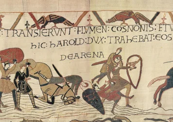 Harold trascina i soldati normanni dalle sabbie mobili, Arazzo di Bayeux