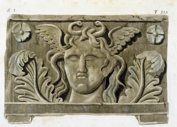 Testa di Medusa, una delle tre Gorgoni, bassorilievo in pietra - in "Monumenti Etruschi"